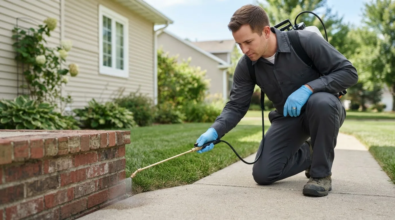 Pest control technician treating a home near Buffalo Prairie, IL